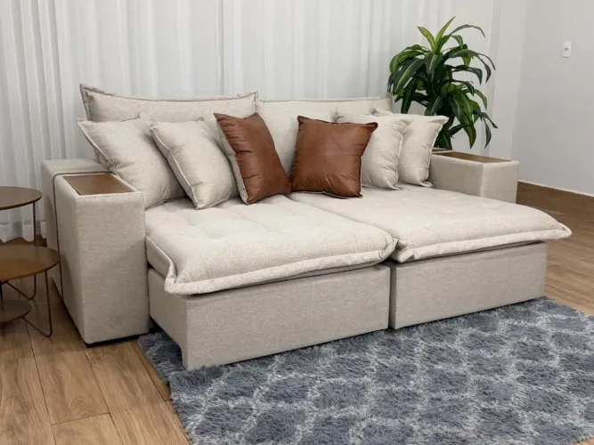 Sofá Cama Retrátil Reclinável Tebas 2.30m - Bege Linho/Marrom Courino