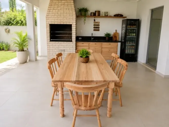 Conjunto Mesa Retangular, 6 Lugares Madeira Eucalipto Natural