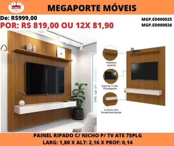 PAINEL DE TV RIPADO C/NICHO - P/TV ATÉ 75 PLG