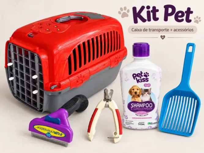 Kit para Cão ou Gato, Caixa de Transporte, Pá, Escova tirar pelo, cortador unha, shampoo