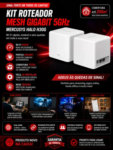 KIT ROTEADOR WI-FI MESH GIGABIT 5GHz - MERCUSYS HALO H30G 