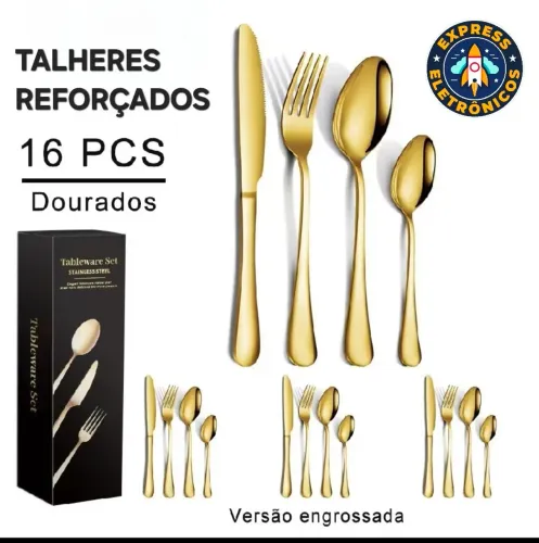 KIT 16 TALHERES OURO INOX LUXO