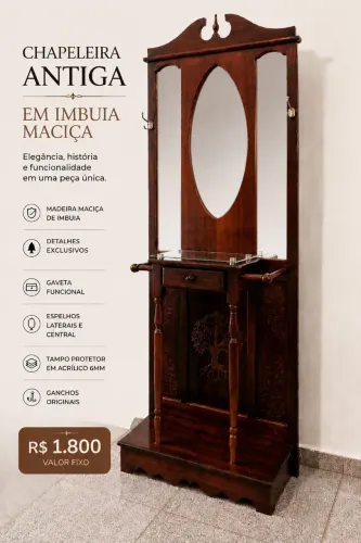 CHAPELEIRA ANTIGA EM MADEIRA MACIÇA -IMBUIA