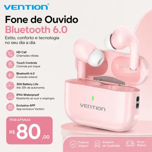 FONE DE OUVIDO VENTION ROSA BLUETOOTH 6.0 OTIMOS GRAVES IPX4