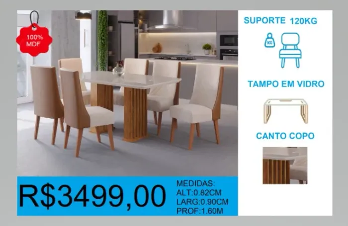 Mesa c/ 6 cadeiras 100% mdf larg: 90cm prof:1,60m - frete gratuito!