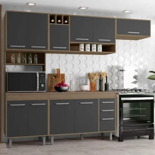 Armário para cozinha compelta modulada barcelona carvalho grafite - em promoção