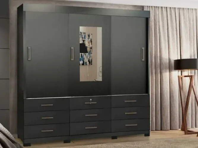 Promoção! Guarda-Roupa Itapema Plus 3 Portas c/ espelho Preto Até 12x 
