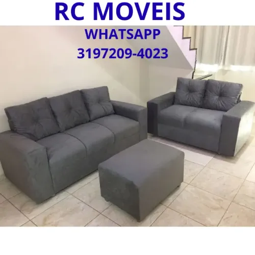 Sofá Canadá 2 e 3 Lugares + Puff - Suede, Estrutura Reforçada