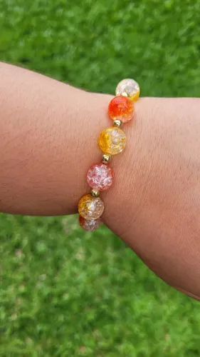 Pulseiras personalizadas elásticas craquelada laranja e amarelo com dourado 100% manual