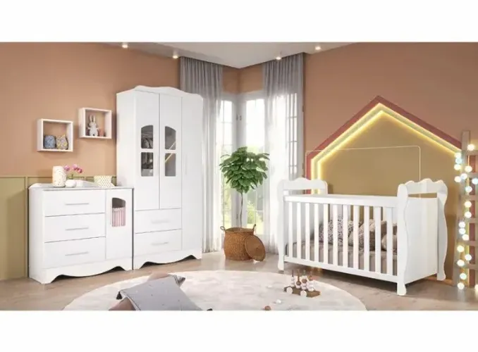 Quarto Lisi, 100% MDF ( Roupeiro+Comoda+Berço Cama ) - Peroba