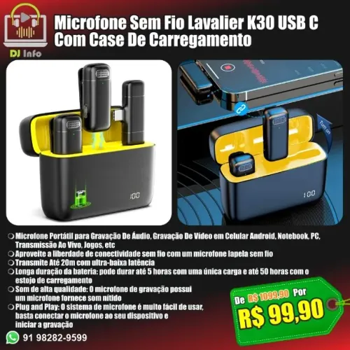 Microfone Sem Fio Lavalier K30 USB C Com Case De Carregamento