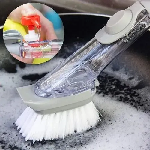 Escova De Limpeza 2 Em 1 Dispenser Detergente Lava Louça Cozinha Limpa Pratos