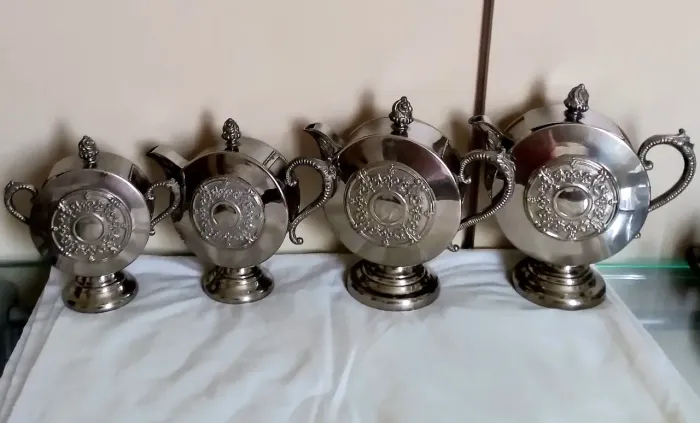 Ki p/ Chá antigo, em Prata 90 - formato de cantil, 4 Peças