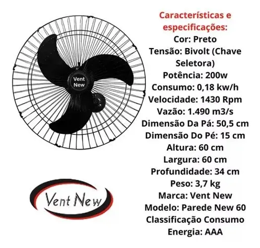 Ventilador parede 60cm 200w ventnew 