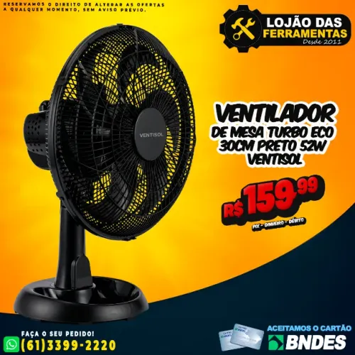 Ventilador de Mesa Turbo Eco 30cm Preto 52W Ventisol