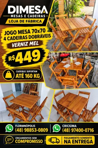 Jogo mesa 70x70 + 4 cadeiras dobráveis acabamento em verniz