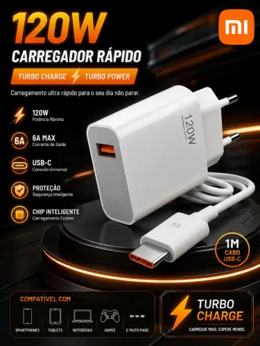 Carregador rápido de 120W com 6A USB C cabo 1M para Mi Turbo Charge Turbo Power Cabo