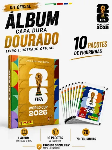 Álbum capa dura dourado copa 2026 + 10 pacotinhos 