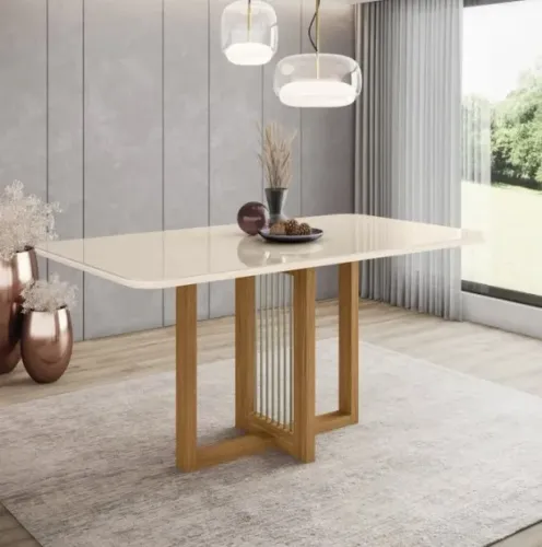 Mesa de Jantar 6 Lugares 160cm Tampo MDF e Vidro Canto Arredondado Natalí Nature/Off White