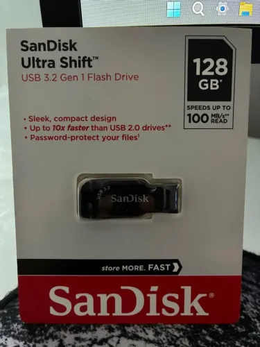 Pendrive Sandisk Ultra Shift 128gb USB 3.2 Flash Drive 100MB/s - USADO, BEM CONSERVADO