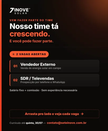 Vaga para vendedor externo e televendas