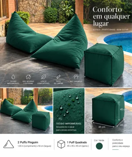 Kit 2 Puffs Pinguim + 1 Puff Quadrado Impermeáveis - Área Externa e/ou interna