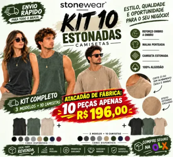 Kit 10 Camisetas Unissex Novas Estonadas Premium Lavadas à Pedra Revenda Atacado Fábrica
