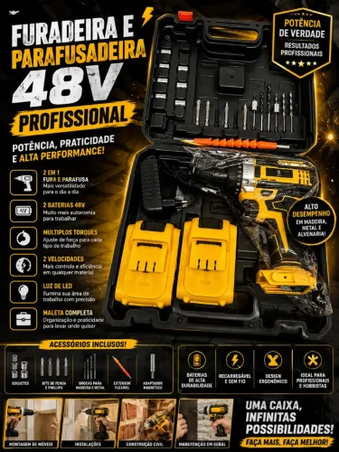 FURADEIRA E PARAFUSADEIRA SEM FIO 48V - KIT PROFISSIONAL COMPLETO