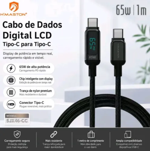 Cabo de Dados Digital LCD<br>Tipo-C para Tipo-C