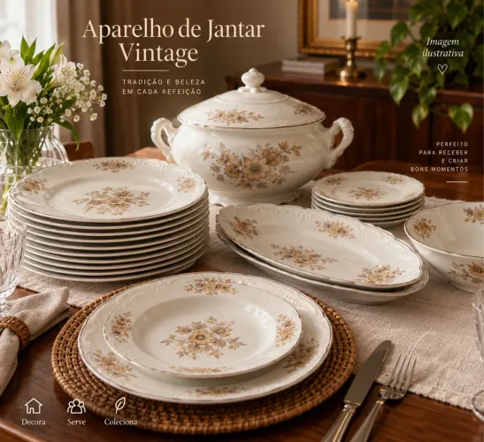 Aparelho de Jantar Porcelana Schmidt Vintage - 52 peças com sopeira e travess