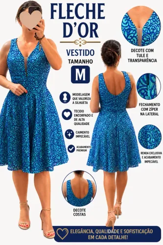 Vestido Fleche D?or em Renda Azul - Tam. M - Usado 1 vez