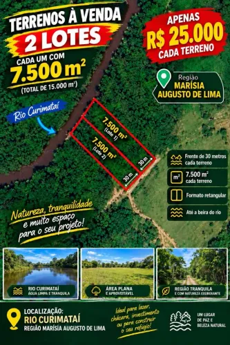 2 terrenos de 7500m² cada um as margens do Rio curimataí em Augusto de Lima MG