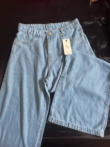 Calça jeans wide leg com brilho lavagem clara TAM 42 elegante dia a dia