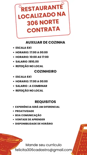 VAGA DE MEPREGO PARA COZINHEIRO E AUXILIAR DE COZINHA