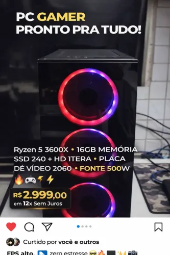 PC Gamer Ryzen 5 3600X 16GB, SSD 240, HD 1 TERA, PLACA DE VIDEO 2060 DE 8GB E FONTE 500W 