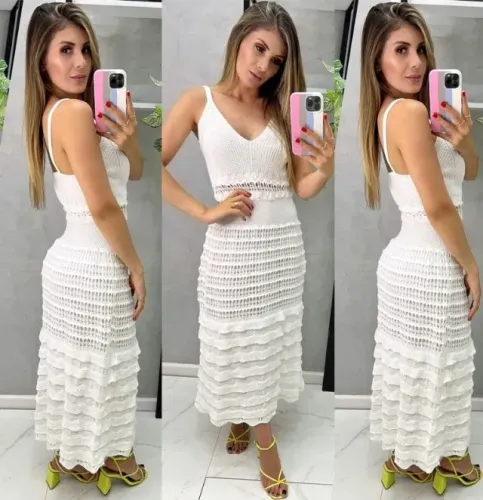 Vestido longo tricot tricô alçinha com forro e babado