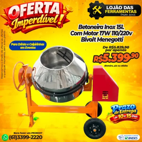 Betoneira Inox 15L Com Motor 17W 110/220v Bivolt Menegotti Para Caipirinhas e Drinks