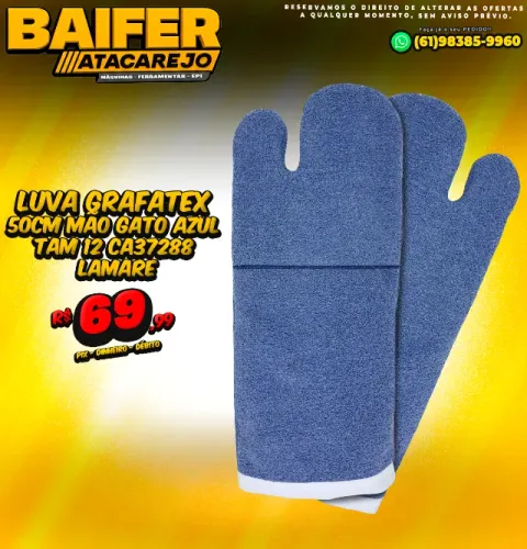 Luva Grafatex 50Cm Mão Gato Azul TAM 12 CA37288 Lamare