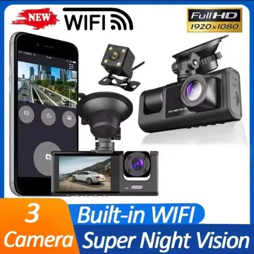 Câmera Automóvel Full HD 1080P Wi-Fi 3 Lentes