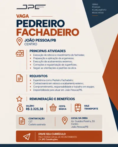 Pedreiro Fachadeiro - CLT | João Pessoa/PB