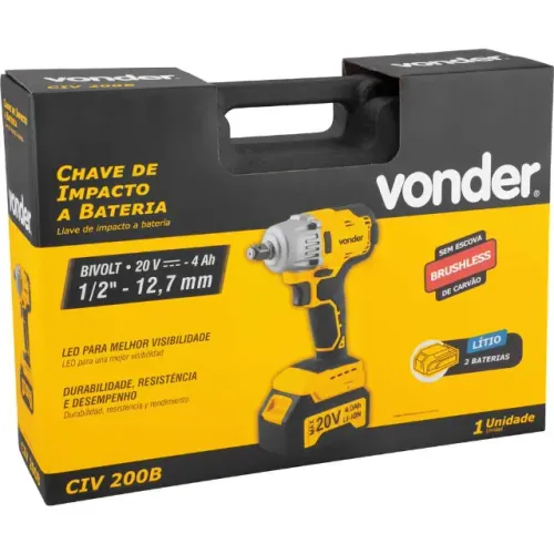 Chave de impacto, bateria 20 V, encaixe de 1/2", fonte bivolt automática, CIV 200B, VONDER
