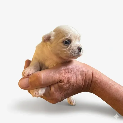 Filhote Chihuahua branco pelo longo 
