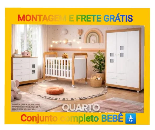 Berço cômoda colchão e roupeiro infantil CONJUNTO COMPLETO MONTAGEM E FRETE GRÁTIS