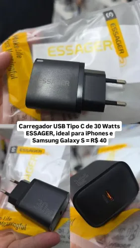 Carregador USB Tipo C de 30 Watts ESSAGER, ideal para iPhones e Samsung Galaxy S = R$ 40
