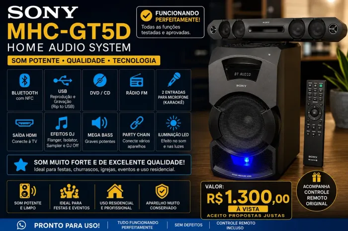 Sony MHC-GT5D Bluetooth DVD USB Karaokê Som Potente