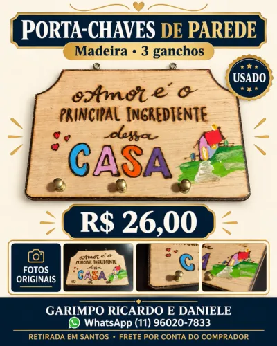 Porta-chaves de madeira de parede com 3 ganchos