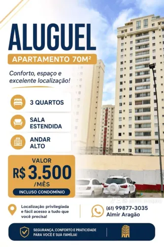 LOCAÇÃO = APTO 70 M2, 3 Quartos, Aguas Claras DF