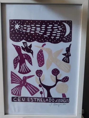 Quadro Xilogravura "Céu Estrelado" - J. Borges - Assinado e Emoldurado