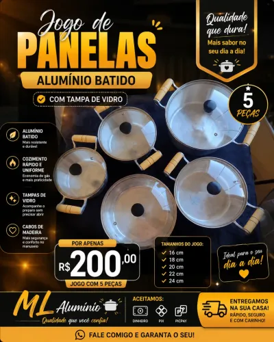 Jogos de panela em alumínio batido com tampa de vidro