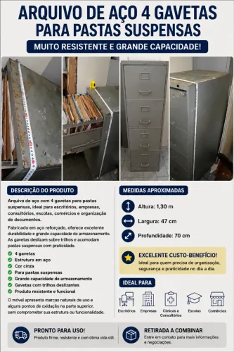Arquivo de Aço com 4 Gavetas - Organização e Praticidade